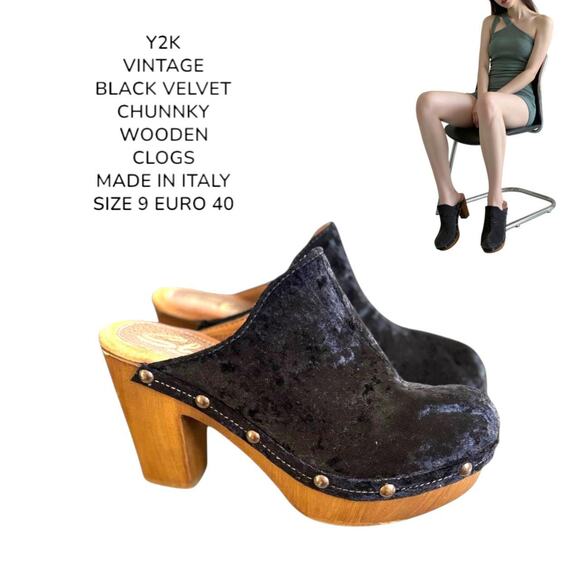 MADE IN ITALY BLACK VELVET STUDDED CLOGS SANDALS‎ BY SBICCA US 9/EURO 40 - Picture 1 of 8